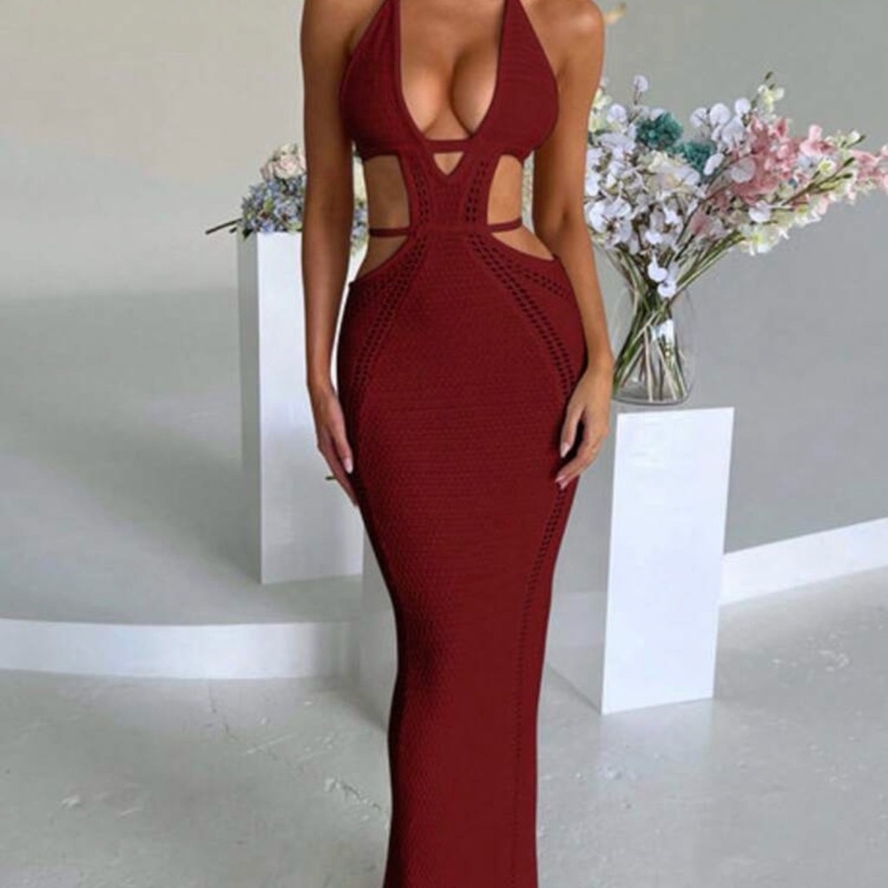 Burgundy Crochet Cutout Maxi Dress in Burgundy